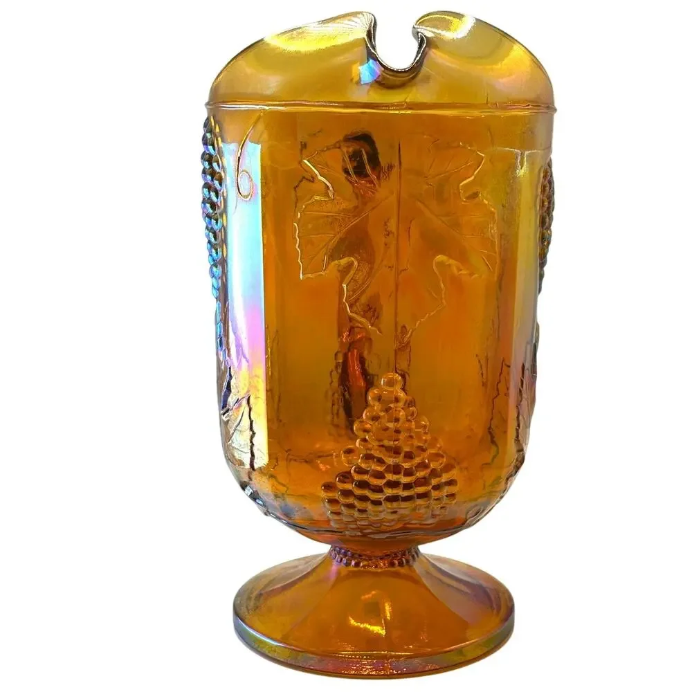 VTG 1970's Indiana Glass Pitcher in Harvest Grapes Pattern, Amber Carnival Glass